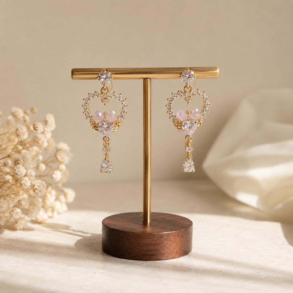 Double Heart Crystal Earrings, Romantic French Coquette Dangles, Sparkling Heart Jewelry, Gift for Her