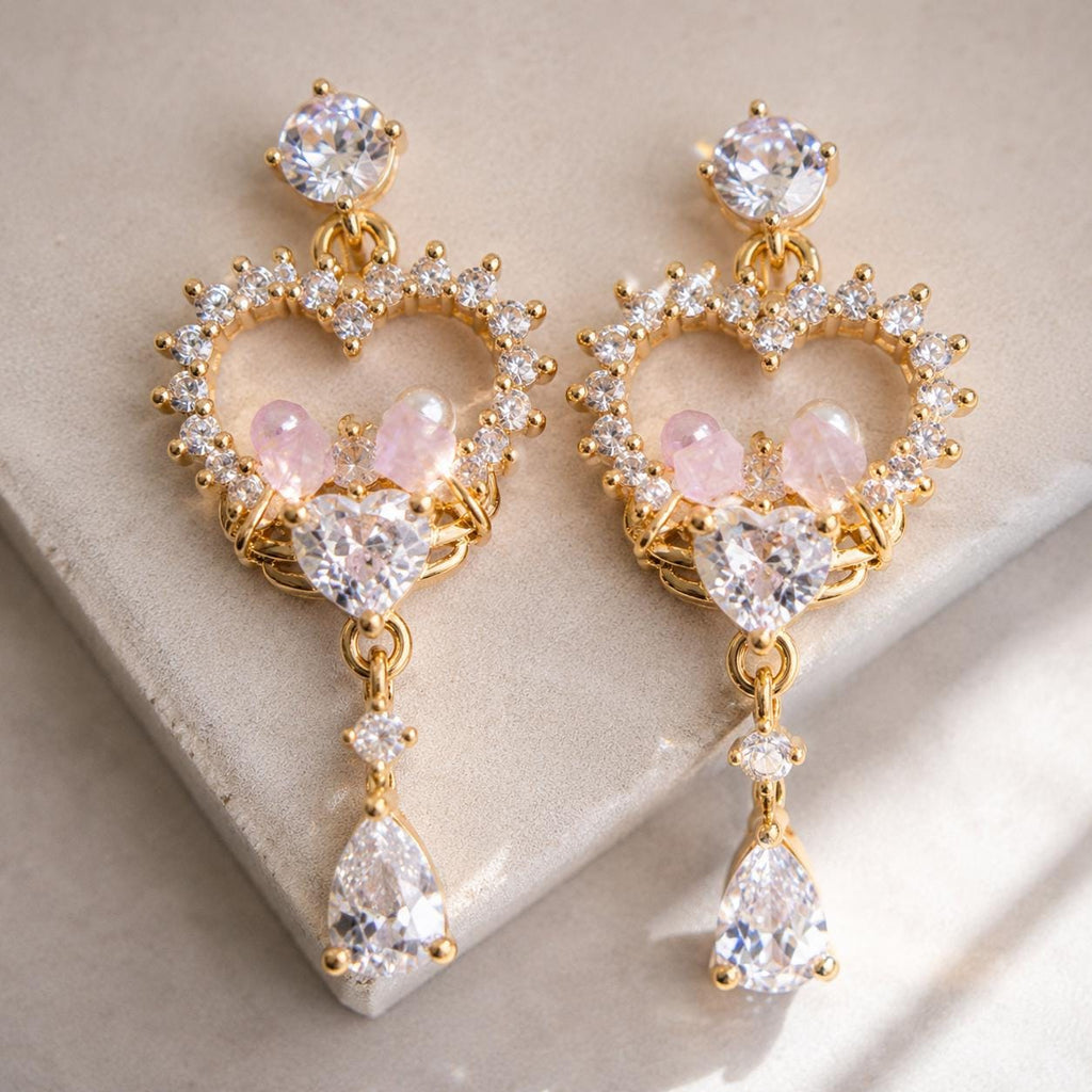Double Heart Crystal Earrings, Romantic French Coquette Dangles, Sparkling Heart Jewelry, Gift for Her