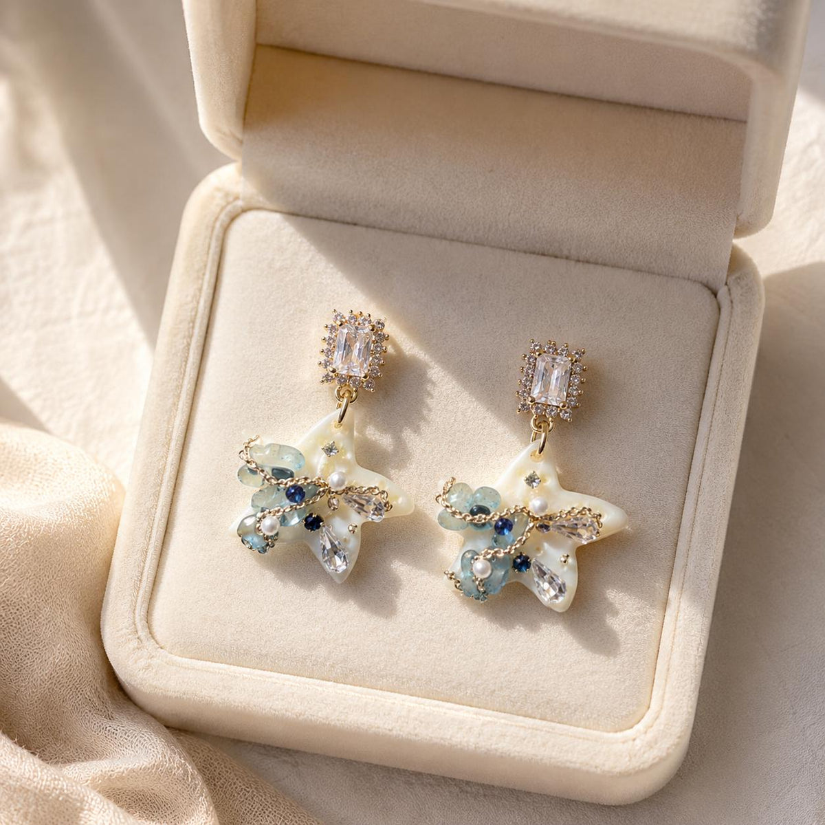 Starfish Pearl Drop Earrings, Emerald Crystal Stud Earrings, Aquamarine Ocean Inspired Jewelry, Beach Gift for Her
