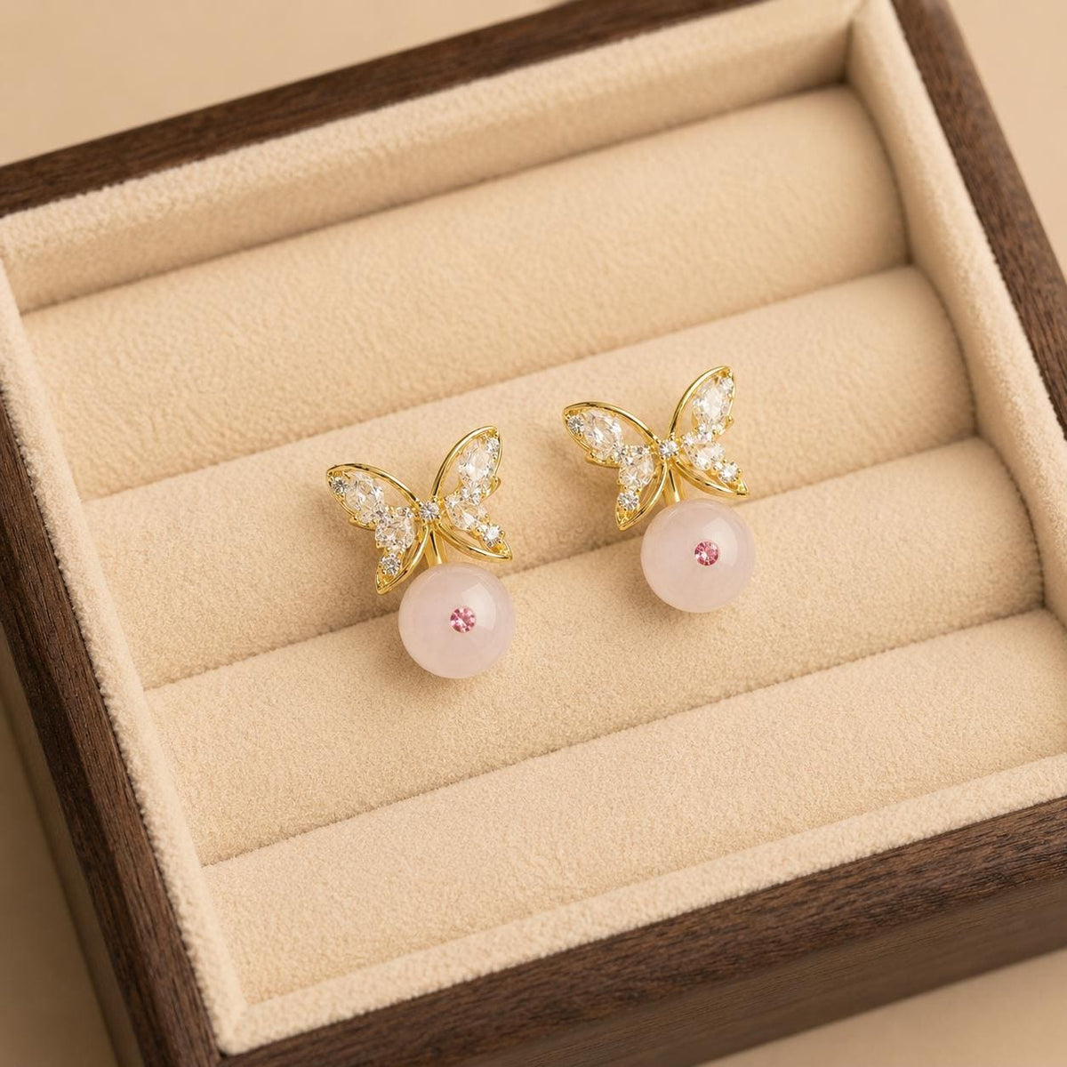 Gold Butterfly Stud Earrings, Marquise Crystal Drop Earrings, Rose Pink Beaded Dangles, Romantic Korean Style Jewelry, Birthday Gift for Her
