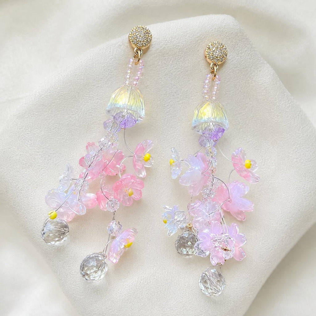 Pink Sakura Flower Dangle Earrings, 3D Acrylic Cherry Blossom Earrings, Fairycore Crystal Statement Earrings, Gift for Her