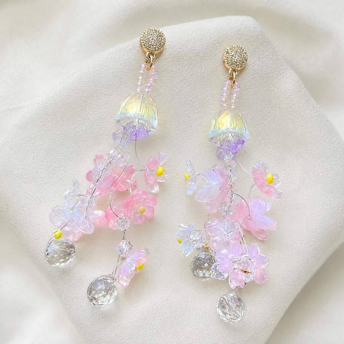 Pink Sakura Flower Dangle Earrings, 3D Acrylic Cherry Blossom Earrings, Fairycore Crystal Statement Earrings, Gift for Her