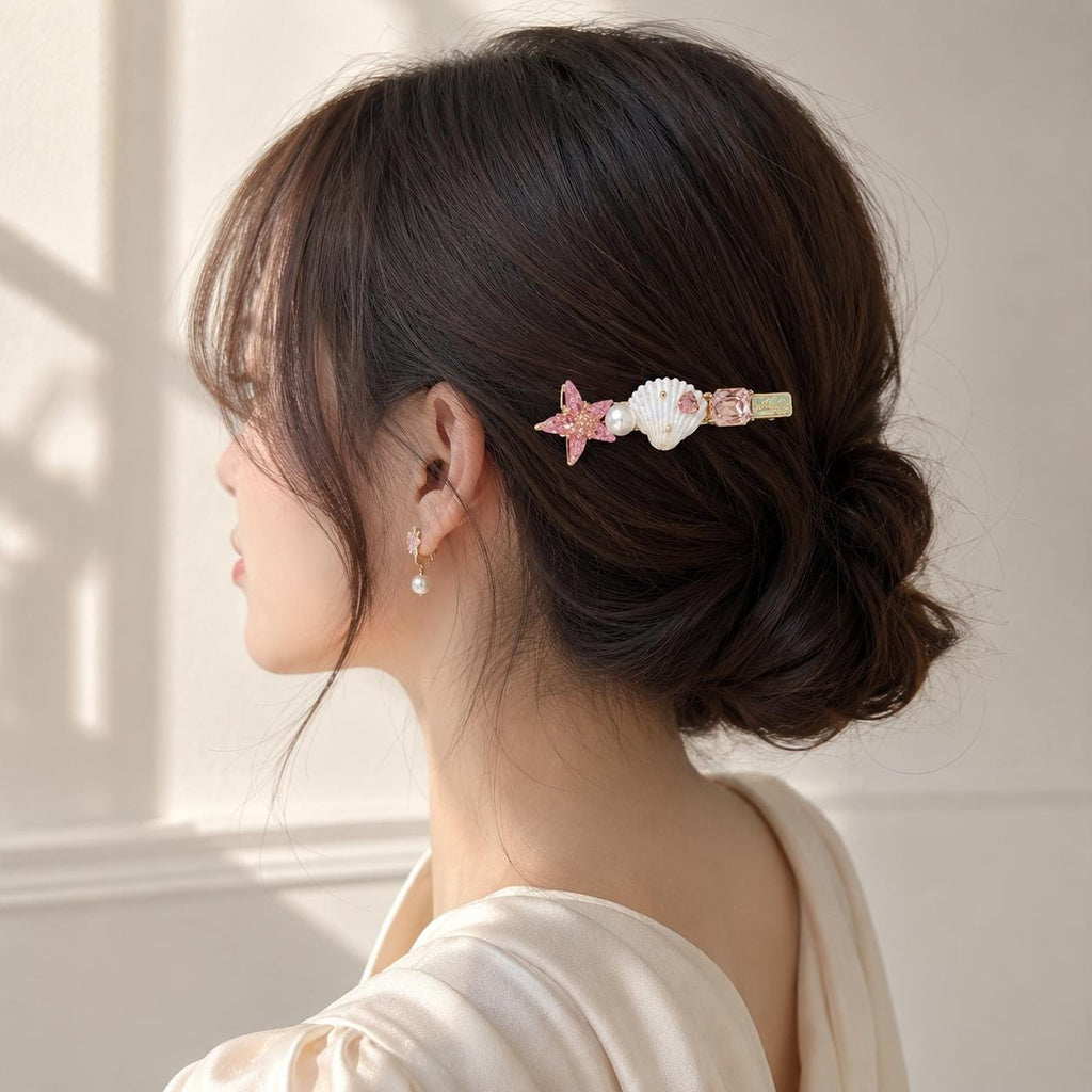 Pink Starfish Hair Clip, White Sea Shell Barrette, Pastel Mermaidcore Alligator Pinch, Whimsical Coastal Beach Vacation Accessories