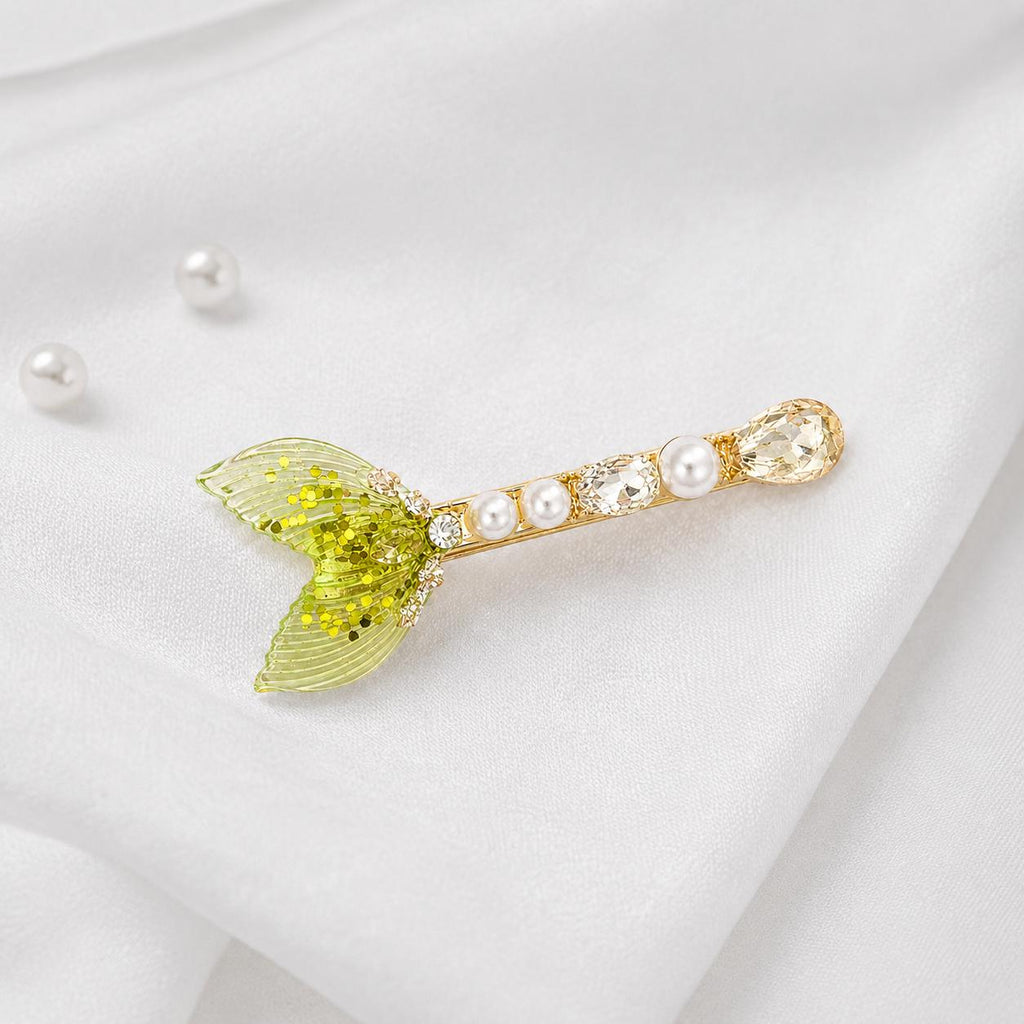 Lime Green Mermaid Tail Hair Clip, Glitter Fish Tail Barrette, Chrysolite Crystal Alligator Pinch, Whimsical Coastal Ocean Jewelry