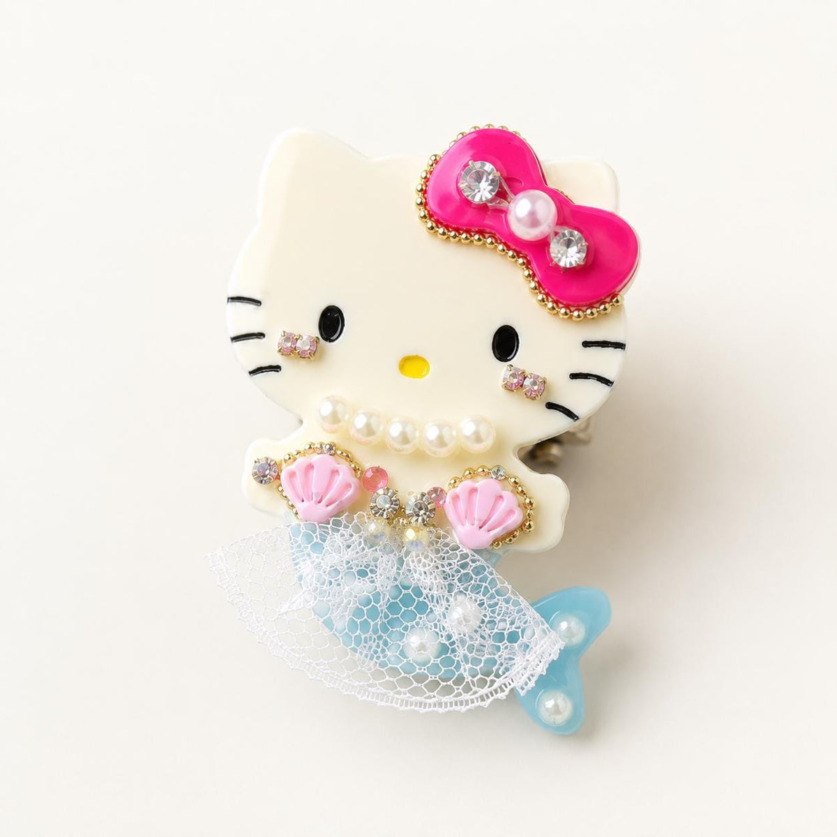 Kawaii Kitten Mermaid Hair Clip, Pink Bow Seashell Barrette, Cute Coquette Hair Accessory, Gift for Her
