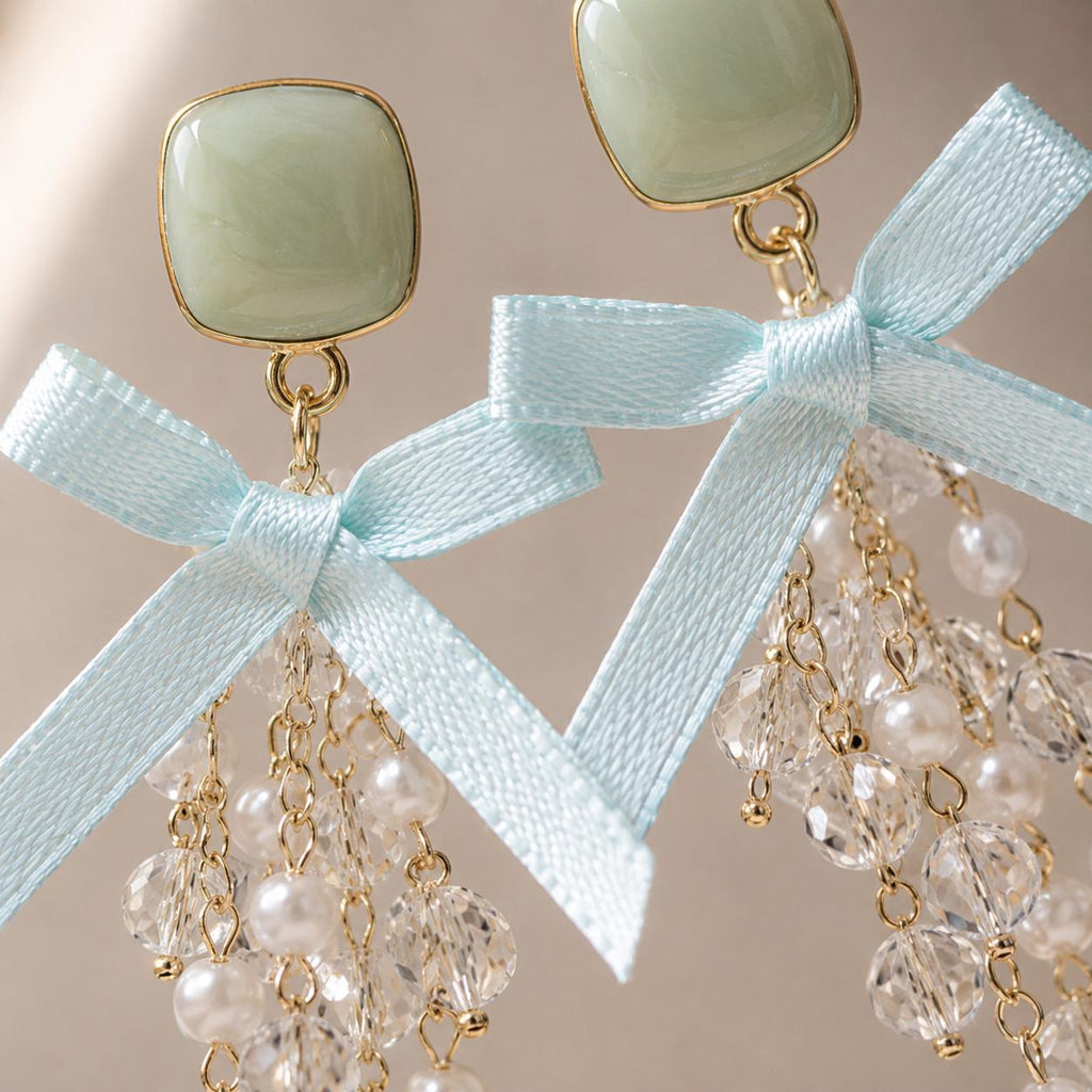 Sage Green Bow Earrings, Mint Tassel Dangle Earrings, Pearl Crystal Square Studs, Coquette Statement Jewelry, Gift for Her