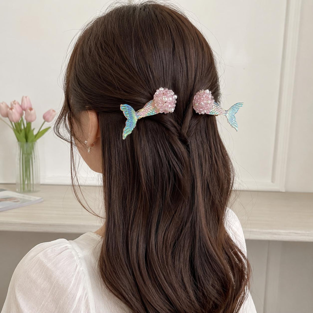 Pink Mermaid Tail Clips, Iridescent Fish Tail Barrette Set, Beaded Pearl Alligator Pinch, Whimsical Coastal Ocean Vacation Accessories