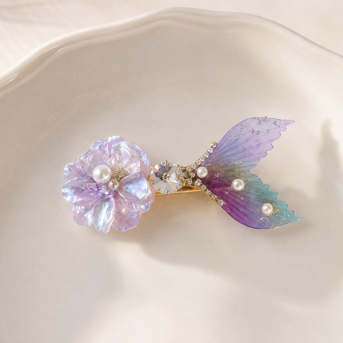 Purple Mermaid Tail Hair Clip, Flower Fish Tail Barrette, Iridescent Pearl Alligator Pinch, Whimsical Pastel Coastal Ocean Hair Accessories