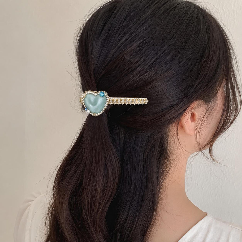 Mint Blue Heart Hair Clip, Marquise Crystal Barrette, Blue Gem Alligator Clip, Coquette Hair Accessory, Gift for Her