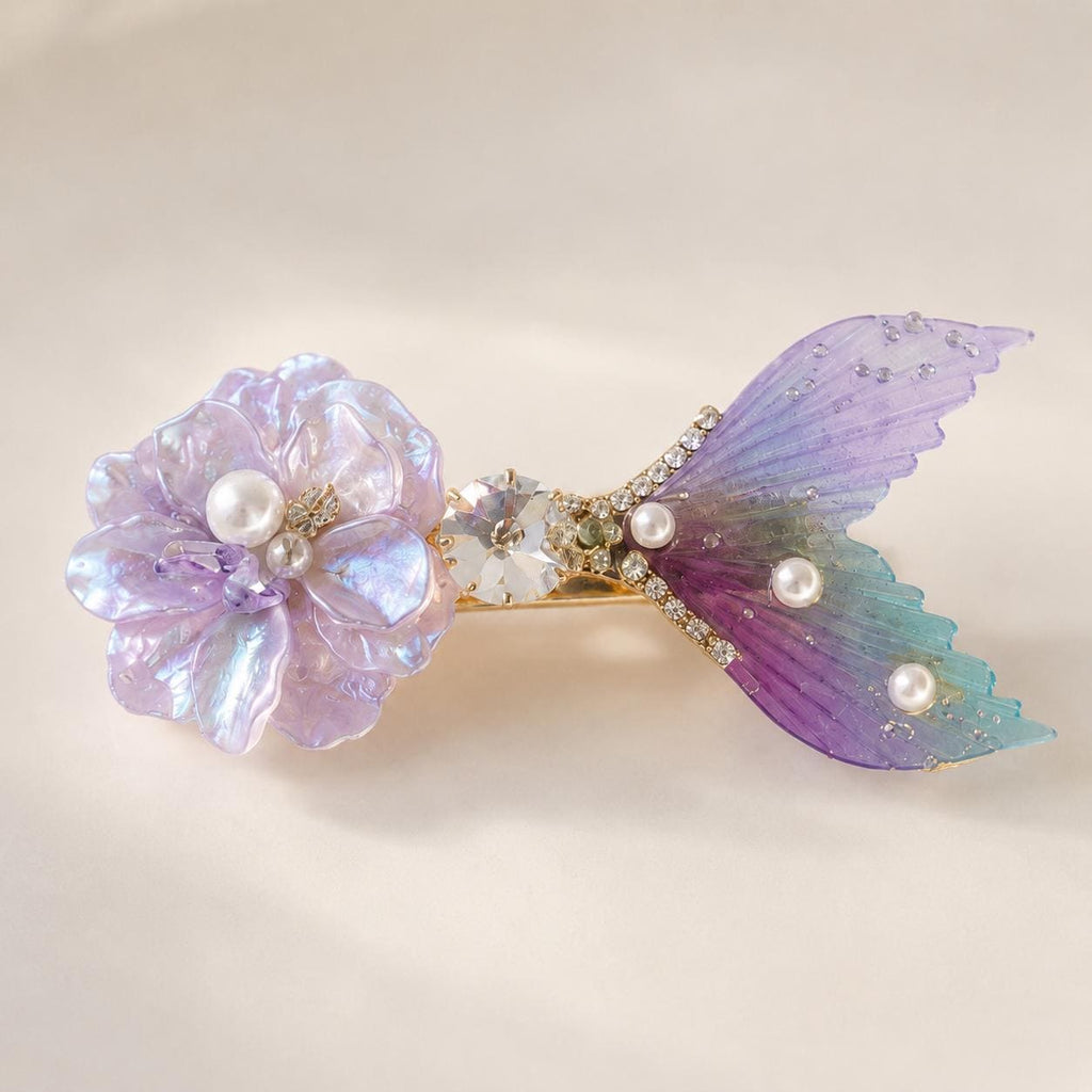 Purple Mermaid Tail Hair Clip, Flower Fish Tail Barrette, Iridescent Pearl Alligator Pinch, Whimsical Pastel Coastal Ocean Hair Accessories