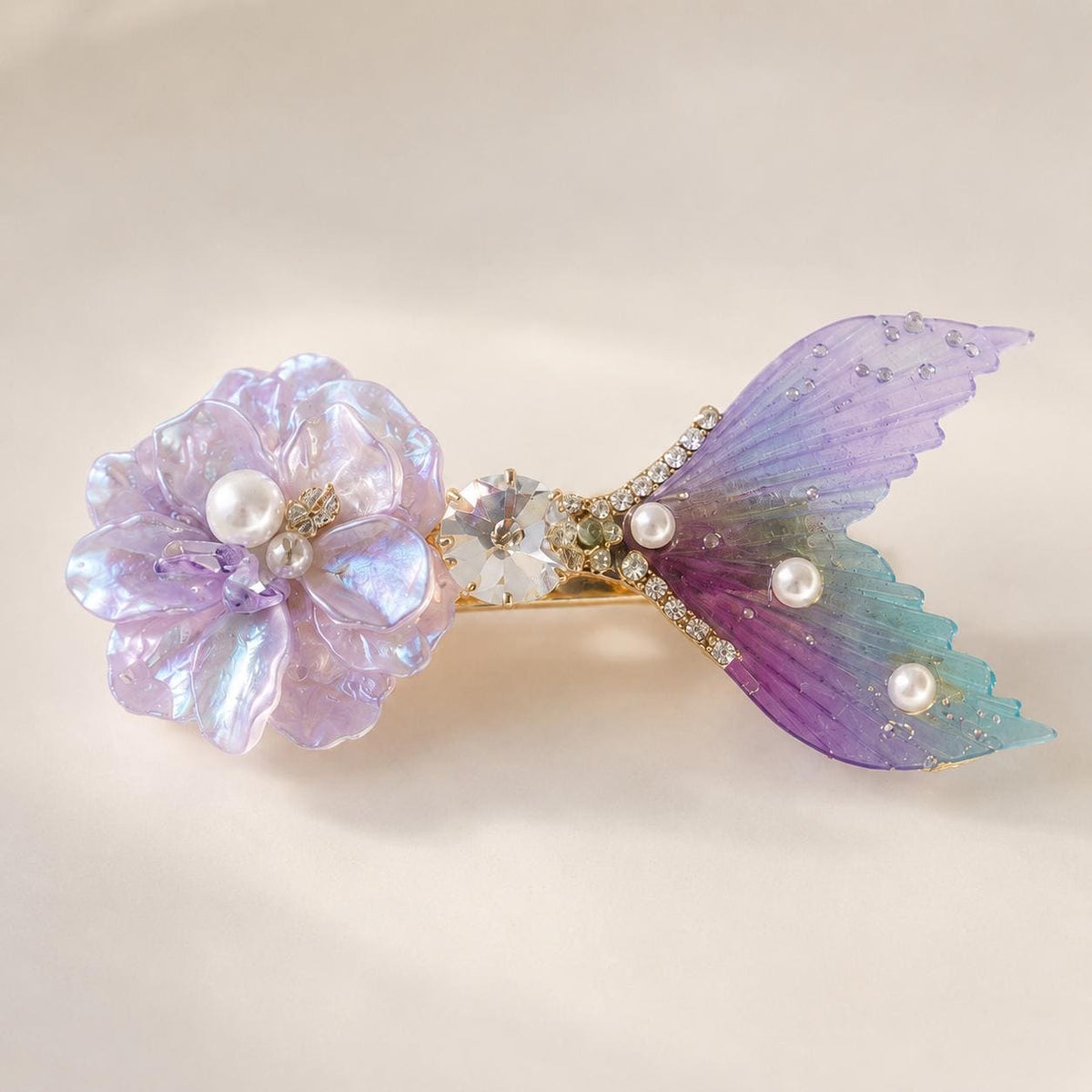 Purple Mermaid Tail Hair Clip, Flower Fish Tail Barrette, Iridescent Pearl Alligator Pinch, Whimsical Pastel Coastal Ocean Hair Accessories
