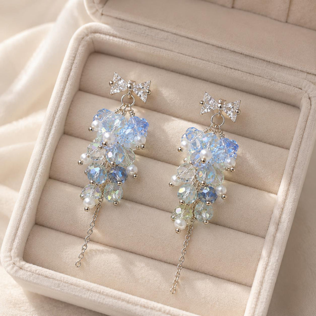 Light Blue Crystal Cluster Earrings, Rhinestone Bowknot Studs, Pearl Tassel Jewelry