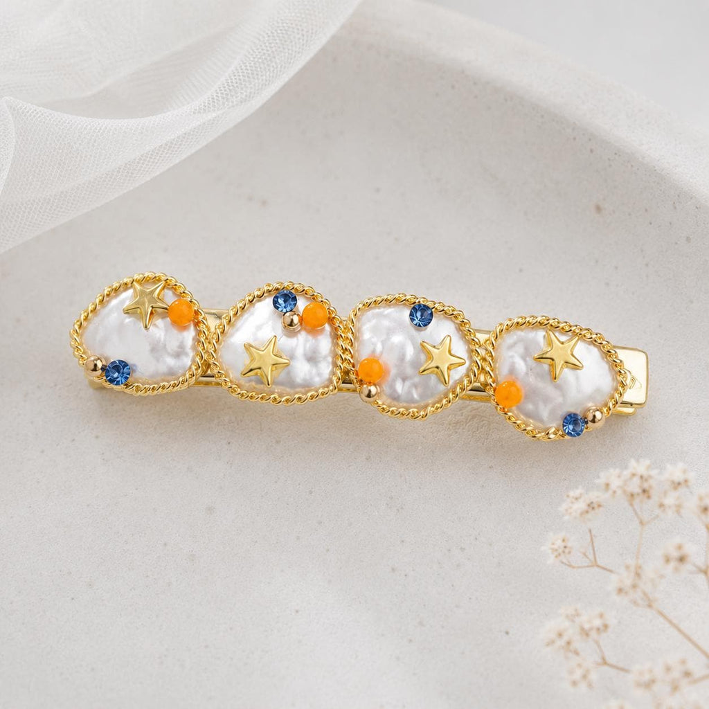 Baroque Pearl Star Hair Clip, Celestial Ocean Barrette, Orange Blue Crystal Mermaid Hair Accessory, Gift for Her