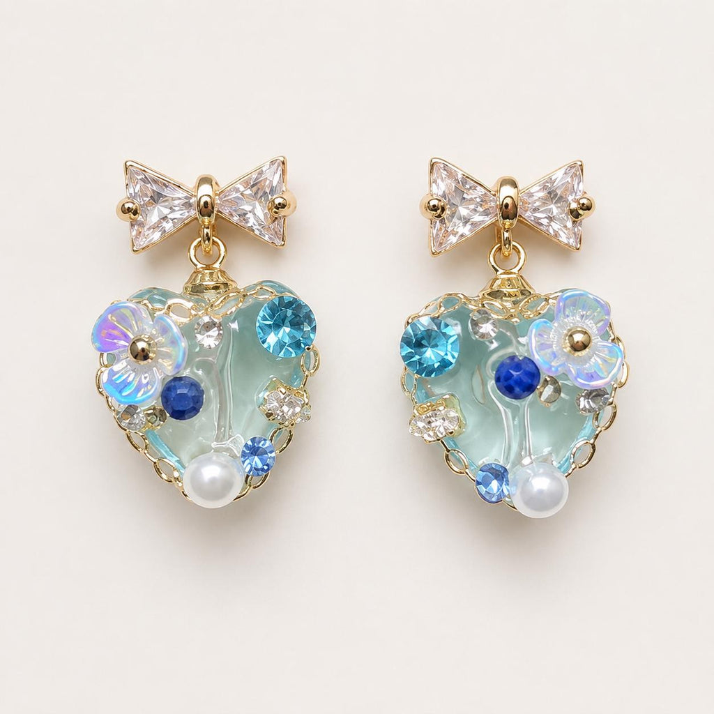 Mint Green Heart Earrings, Dainty Gold Bow Studs, Blue Crystal Pearl Heart Charms, Whimsical Shimmering Jewelry, Romantic Gift for Her