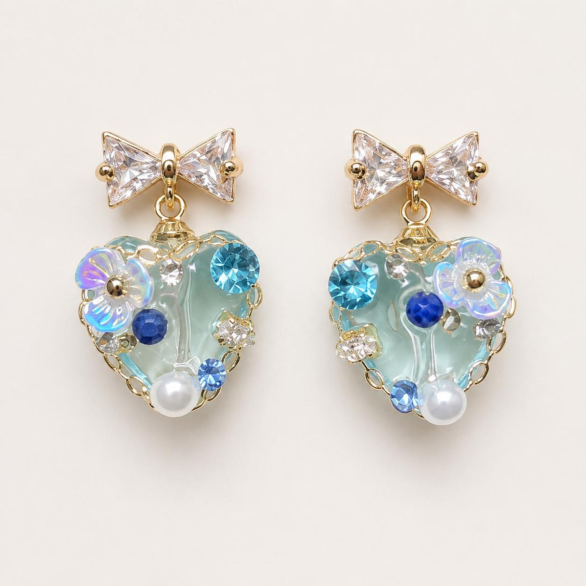 Mint Green Heart Earrings, Dainty Gold Bow Studs, Blue Crystal Pearl Heart Charms, Whimsical Shimmering Jewelry, Romantic Gift for Her