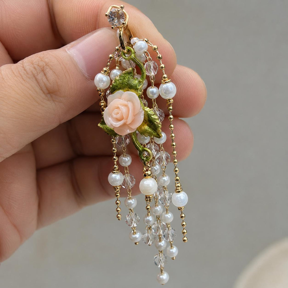 Pink Rose Flower Chandelier Earrings, Pearl Tassel Dangle Earrings, Victorian Garden Statement Jewelry, Romantic Gift for Her