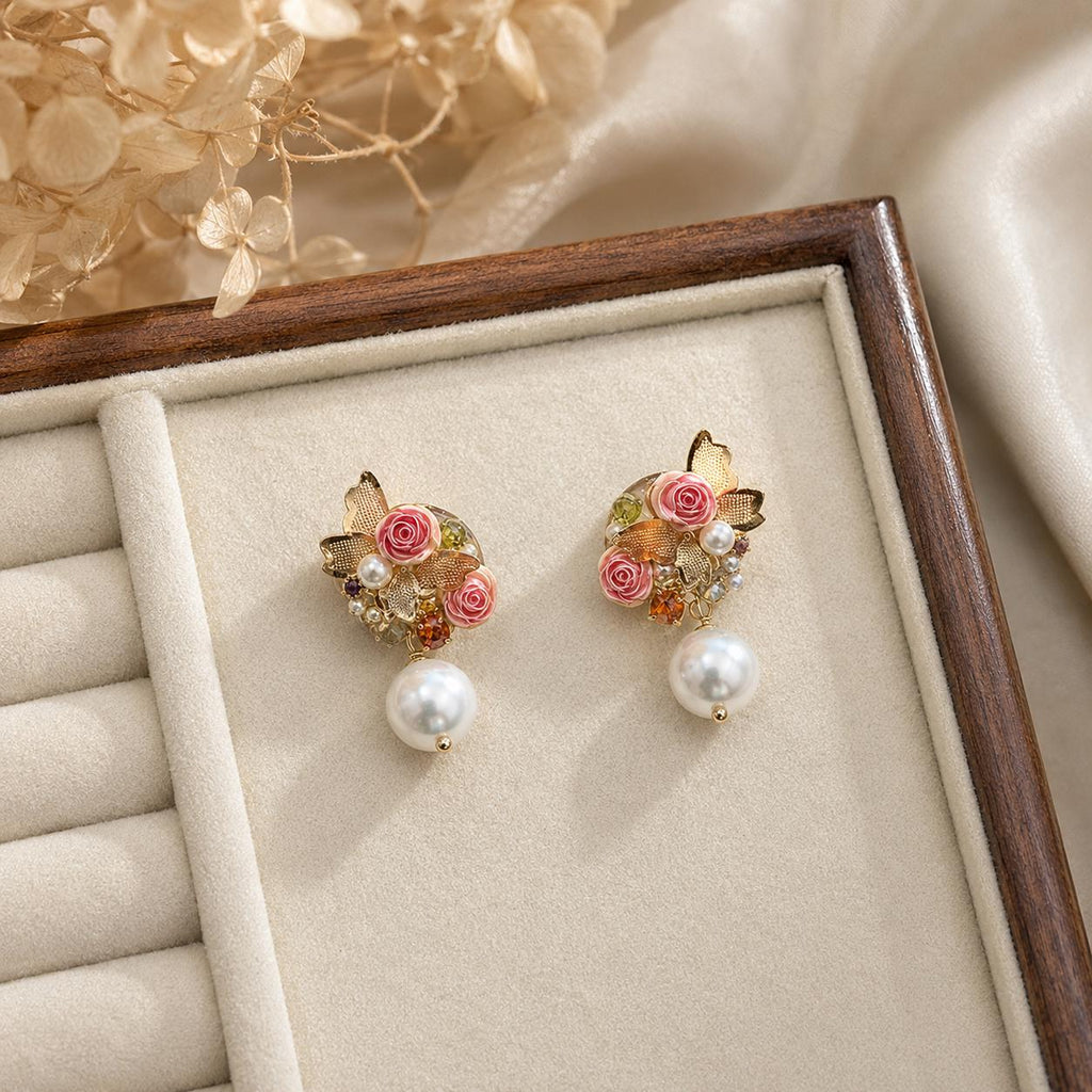 Gold Butterfly Pearl Drop Earrings, Baroque Rose Earrings, French Vintage Dangle Earrings, Romantic Jewelry, Gift for Her