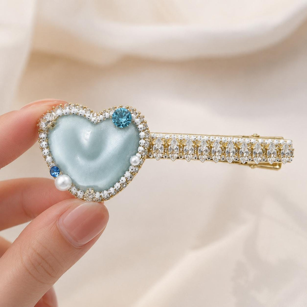 Mint Blue Heart Hair Clip, Marquise Crystal Barrette, Blue Gem Alligator Clip, Coquette Hair Accessory, Gift for Her