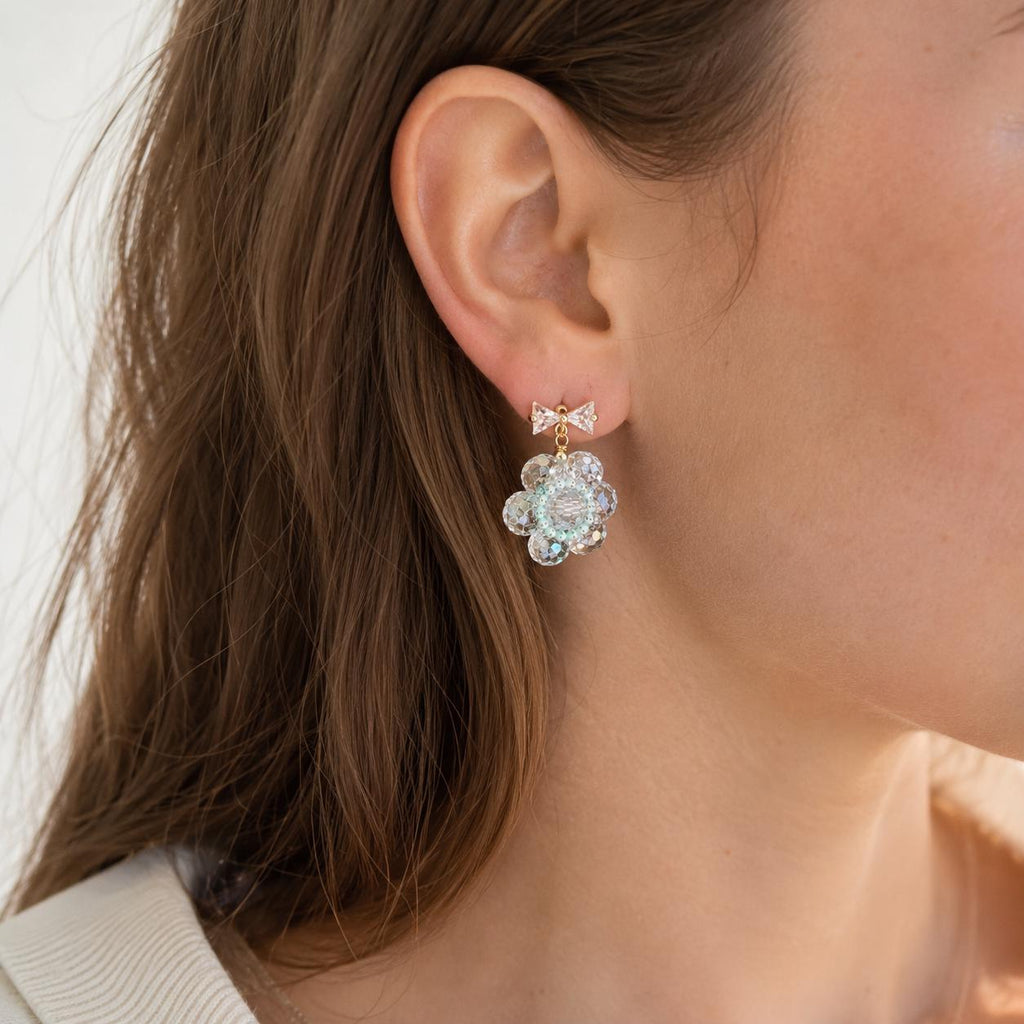Ice Blue Beaded Blossom Earrings, Gold Bow Stud Earrings, Pastel Coquette Flower Dangles, Whimsical Statement Jewelry, Gift for Her