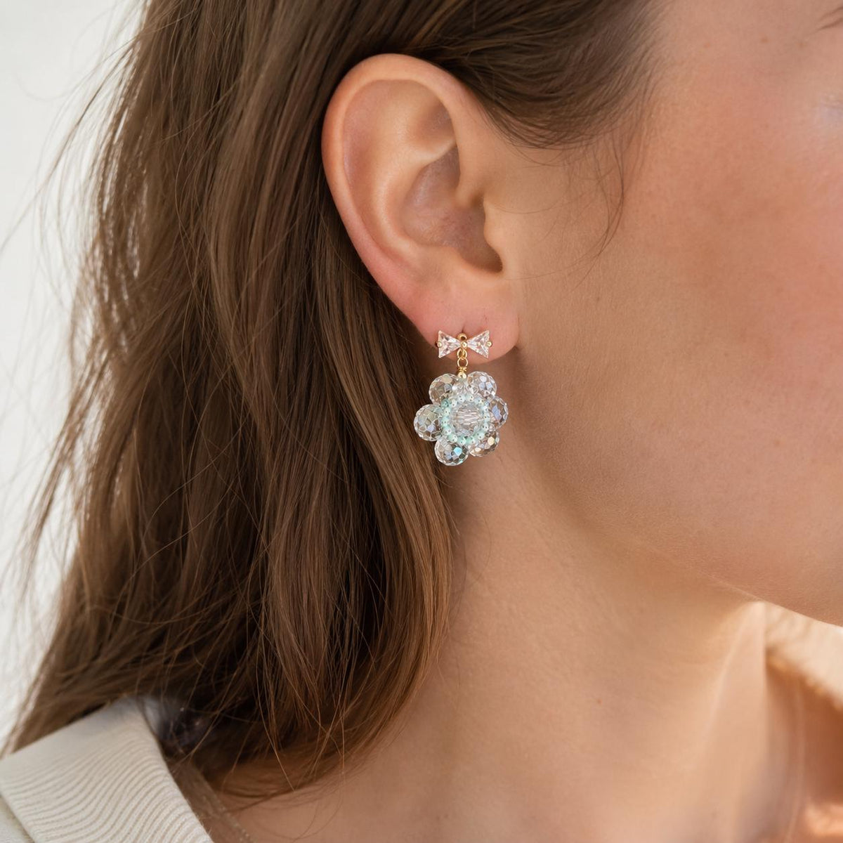 Ice Blue Beaded Blossom Earrings, Gold Bow Stud Earrings, Pastel Coquette Flower Dangles, Whimsical Statement Jewelry, Gift for Her