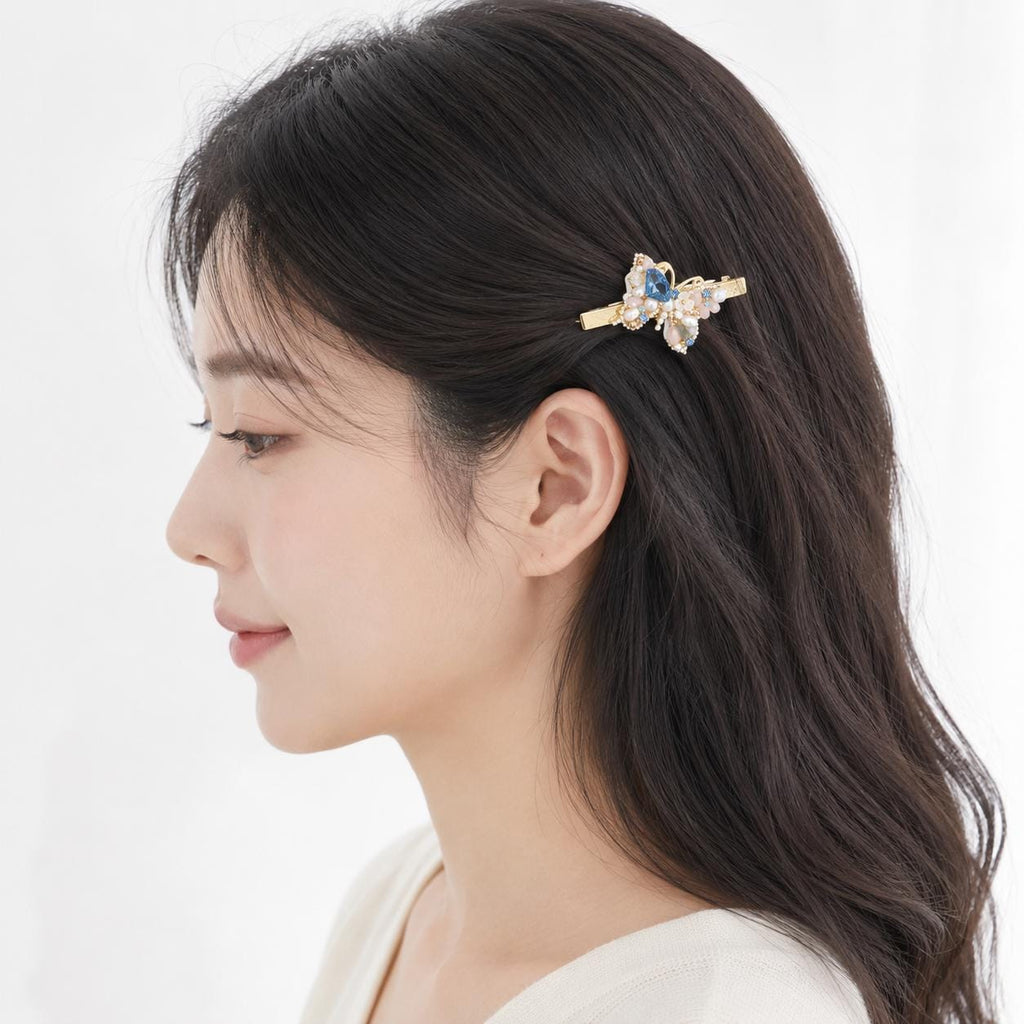 Blue Crystal Butterfly Hair Clip, Pastel Floral Fairycore Barrette, Whimsical Elven Accessory