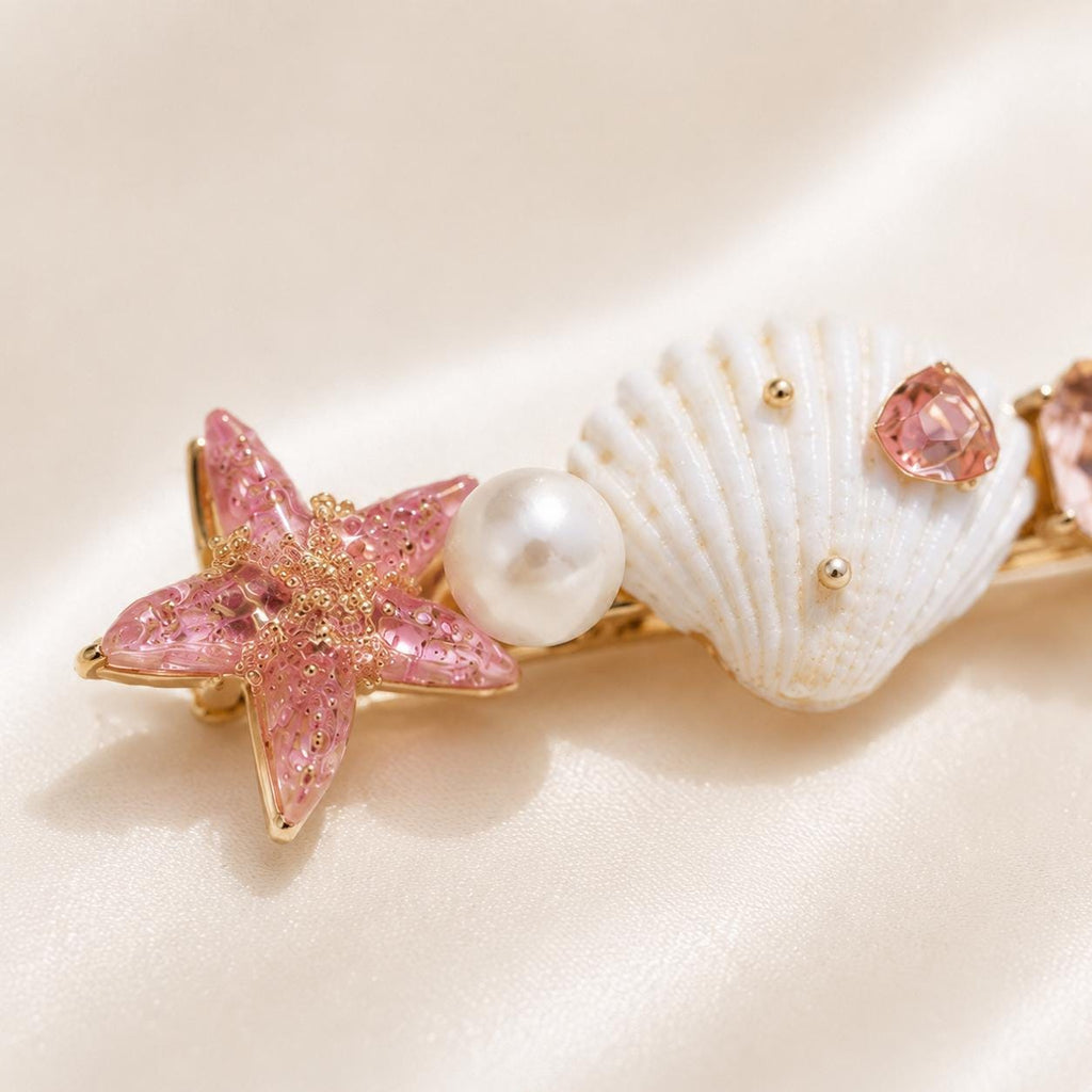 Pink Starfish Hair Clip, White Sea Shell Barrette, Pastel Mermaidcore Alligator Pinch, Whimsical Coastal Beach Vacation Accessories