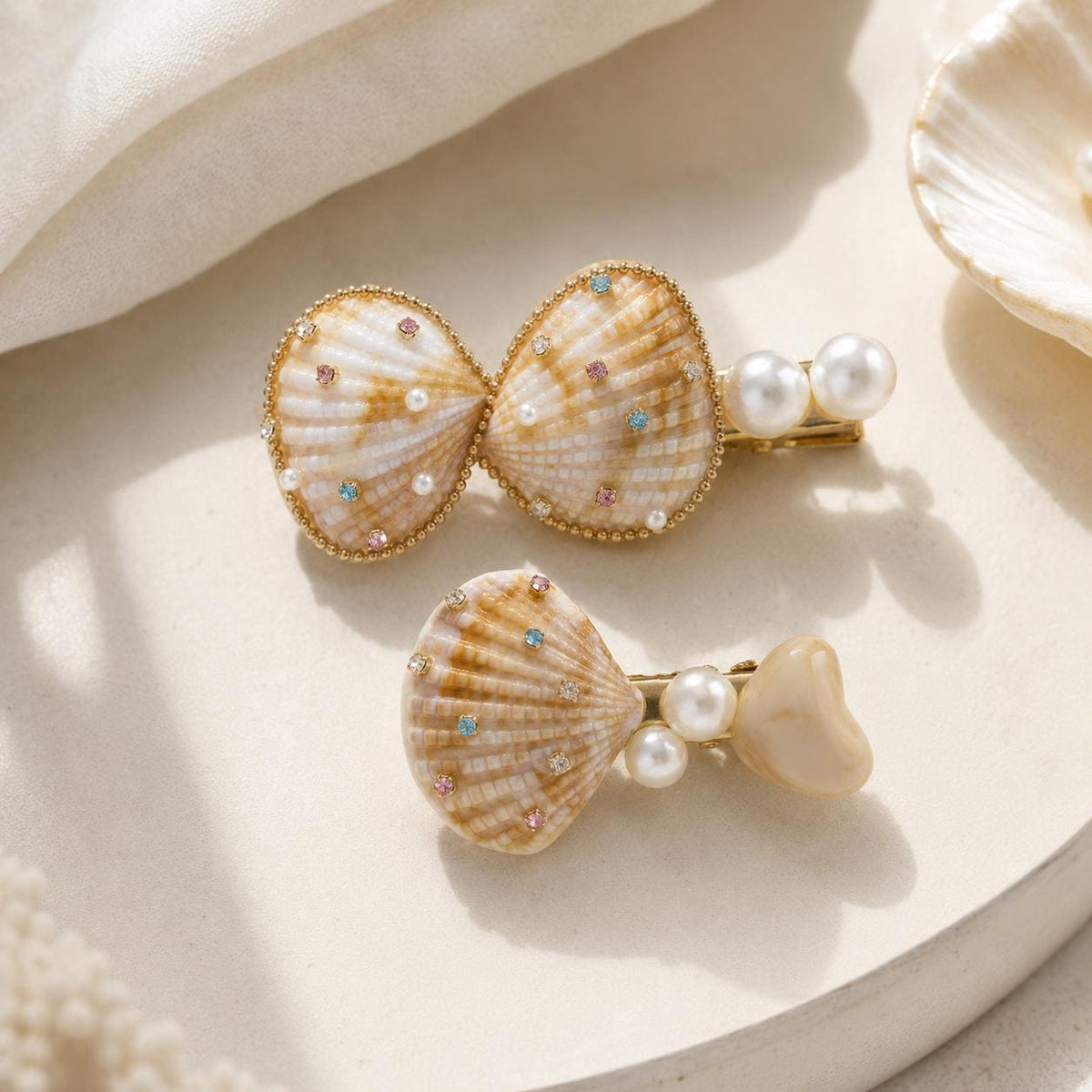 Natural Seashell Hair Clips, Mermaidcore Bow Barrette Set, Coastal Vacation Accessories