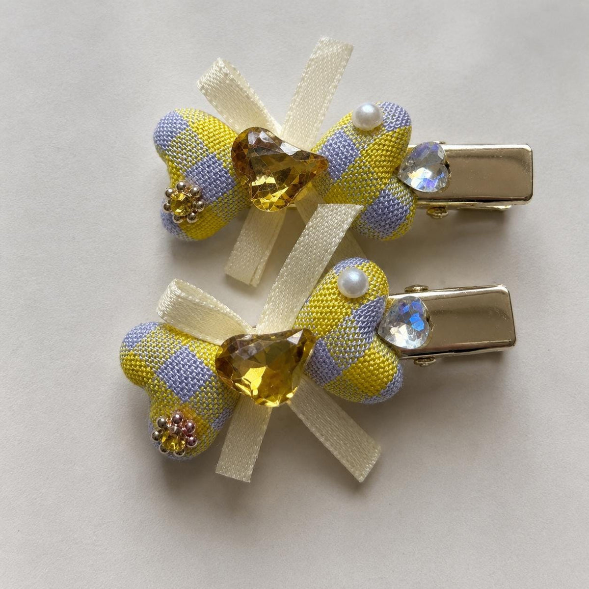 Pastel Gingham Bow Hair Clips Set of 2, Yellow Purple Plaid Barrettes, Crystal Heart Alligator Clips, Gift for Her