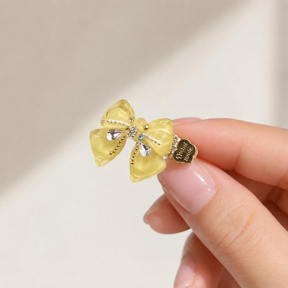 Yellow Bow Hair Clip, Marble Acetate Ribbon Barrette, Crystal Teardrop Alligator Pinch, Whimsical Y2K Coquette Preppy Hair Accessories