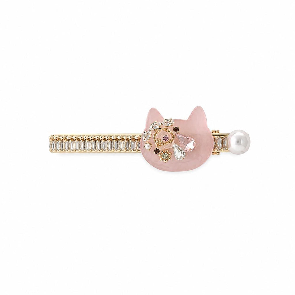 Pink Cat Resin Barrette, Baguette Crystal Hair Clip, Whimsical Kawaii Coquette Accessory