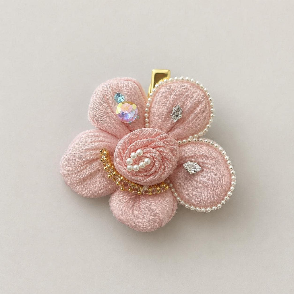 Pink Fabric Flower Hair Clip, Pleated Floral Barrette, Pearl Crystal Coquette Hair Accessory, Gift for Her