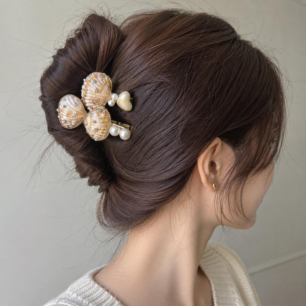 Natural Seashell Hair Clips, Mermaidcore Bow Barrette Set, Coastal Vacation Accessories
