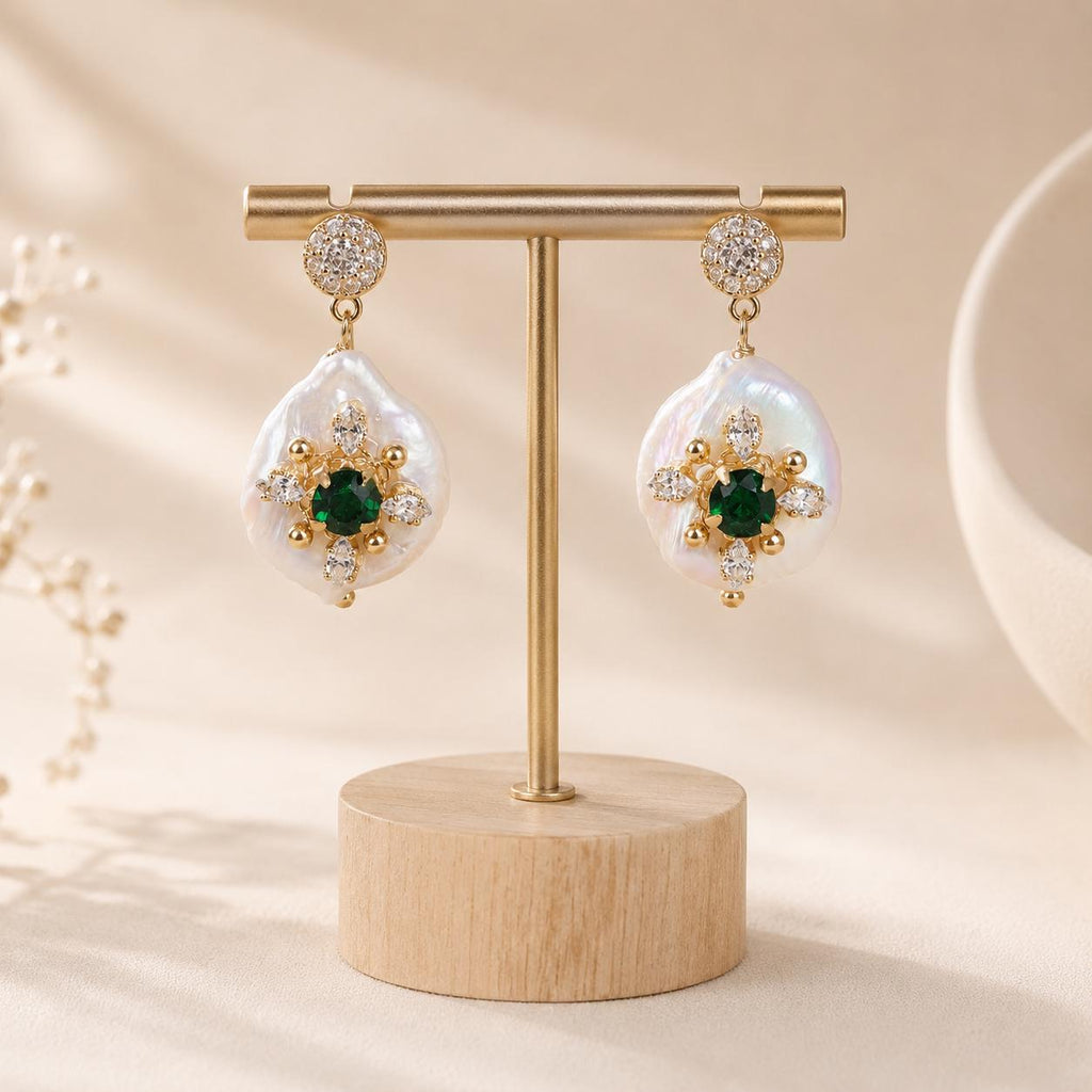 Baroque Pearl Drop Earrings, Emerald Green Crystal Starburst Dangles, Antique Gold Stud Earrings, Vintage Statement Jewelry, Gift for Her