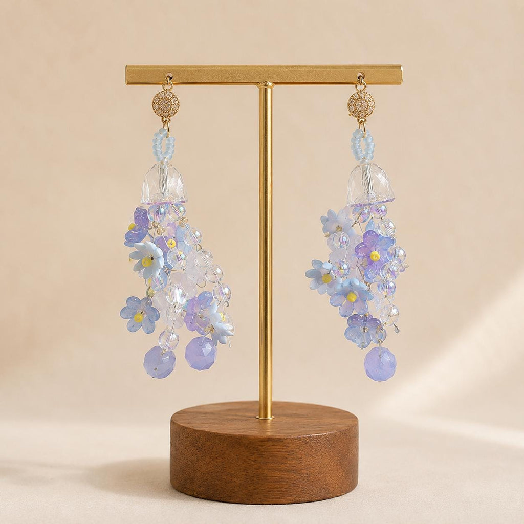 Pastel Blue Forget Me Not Chandelier Earrings, 3D Acrylic Flower Tassel Dangle