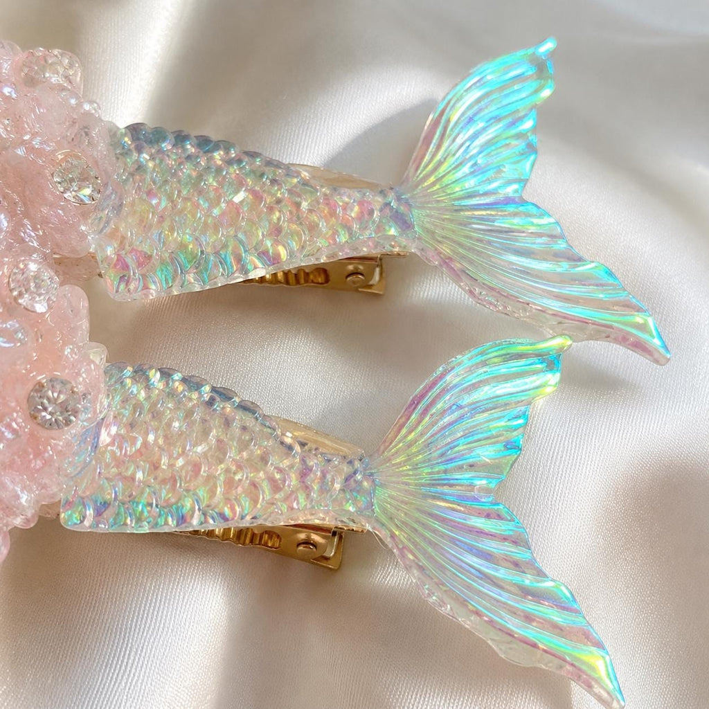 Pink Mermaid Tail Clips, Iridescent Fish Tail Barrette Set, Beaded Pearl Alligator Pinch, Whimsical Coastal Ocean Vacation Accessories