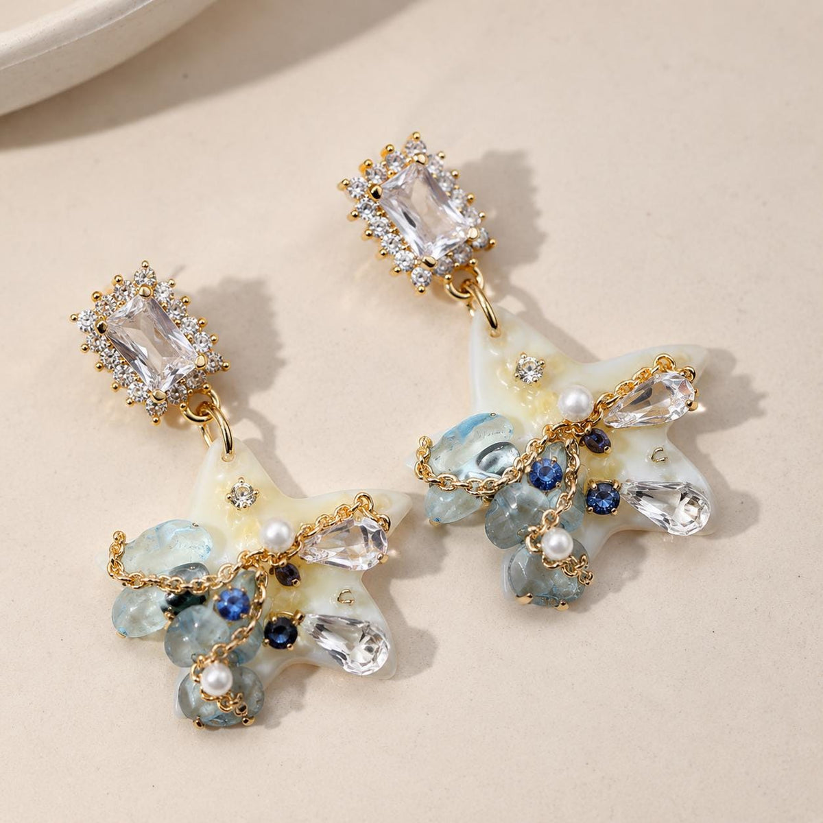 Starfish Pearl Drop Earrings, Emerald Crystal Stud Earrings, Aquamarine Ocean Inspired Jewelry, Beach Gift for Her