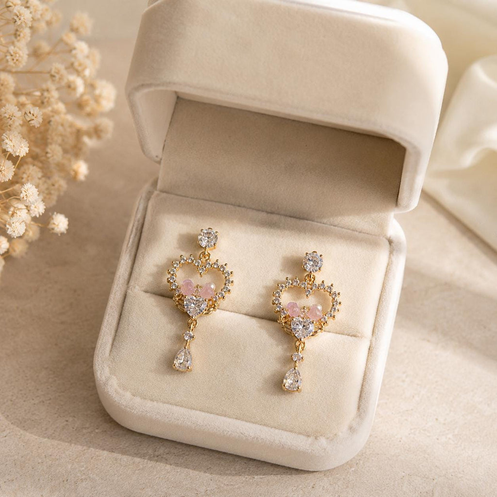 Double Heart Crystal Earrings, Romantic French Coquette Dangles, Sparkling Heart Jewelry, Gift for Her