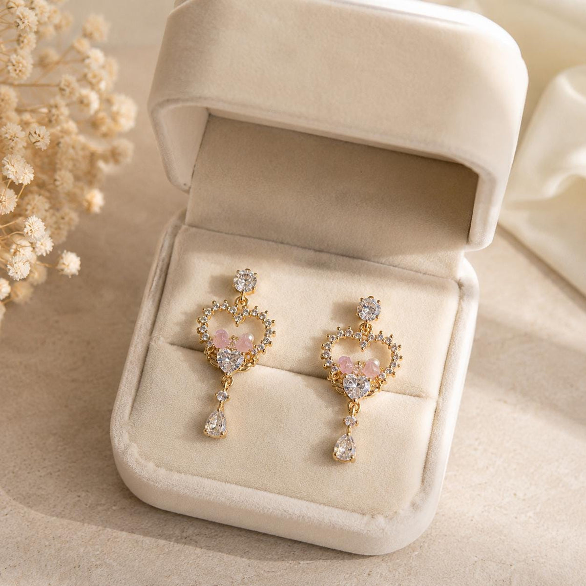 Double Heart Crystal Earrings, Romantic French Coquette Dangles, Sparkling Heart Jewelry, Gift for Her