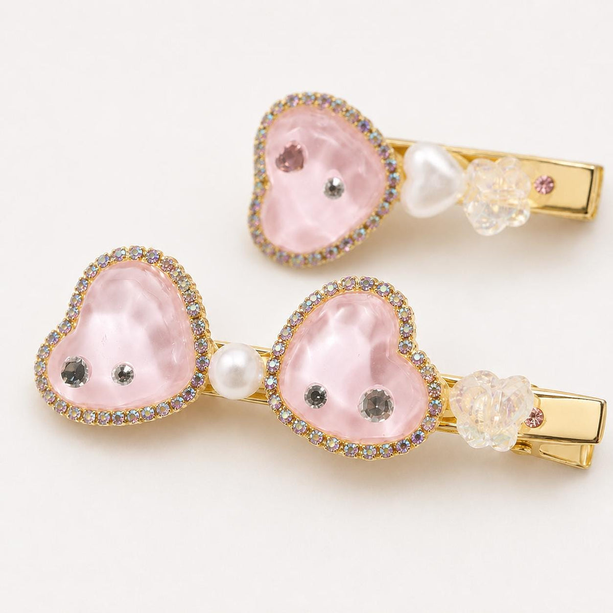 Pink Resin Heart Hair Clips, AB Rhinestone Bow Barrette Set, Pastel Butterfly Pearl Pinch