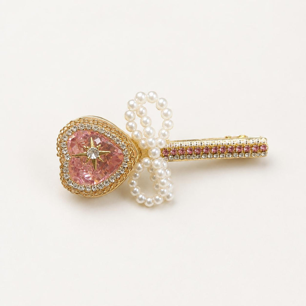 Pink Heart Crystal Hair Clip, Pearl Bow Barrette, Anime Magical Girl Coquette Accessory