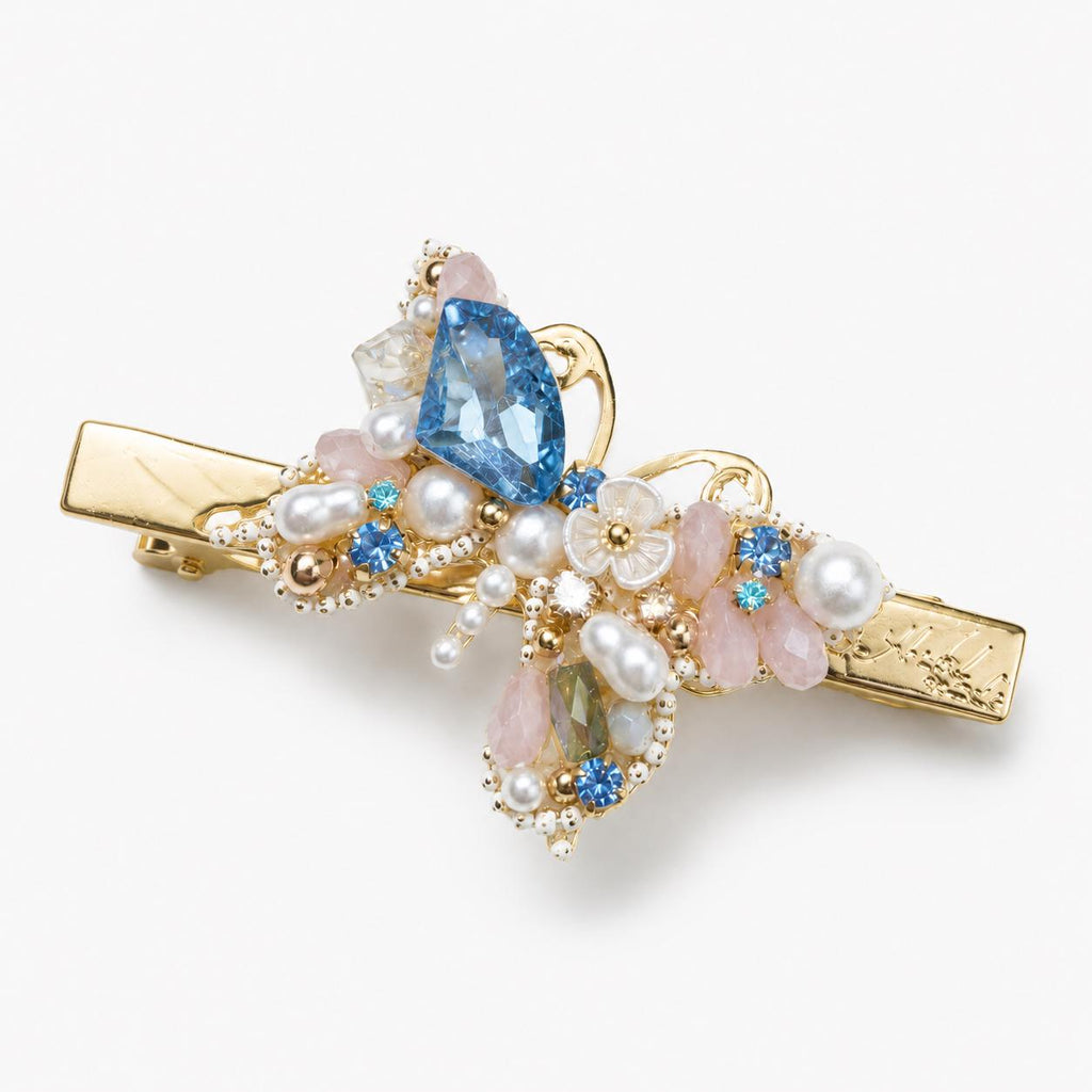 Blue Crystal Butterfly Hair Clip, Pastel Floral Fairycore Barrette, Whimsical Elven Accessory