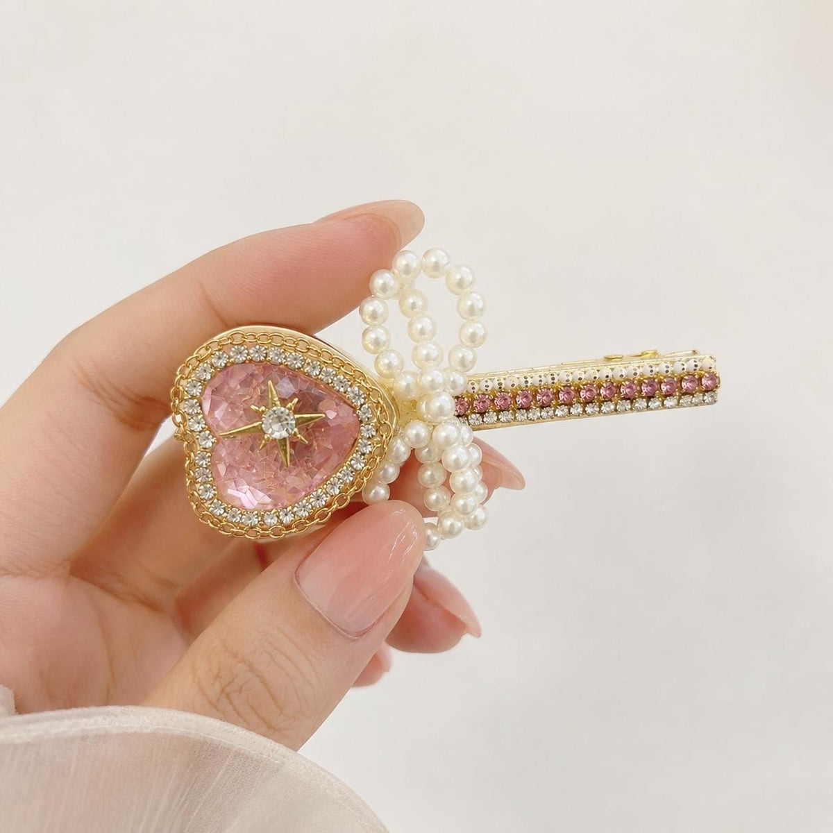 Pink Heart Crystal Hair Clip, Pearl Bow Barrette, Anime Magical Girl Coquette Accessory
