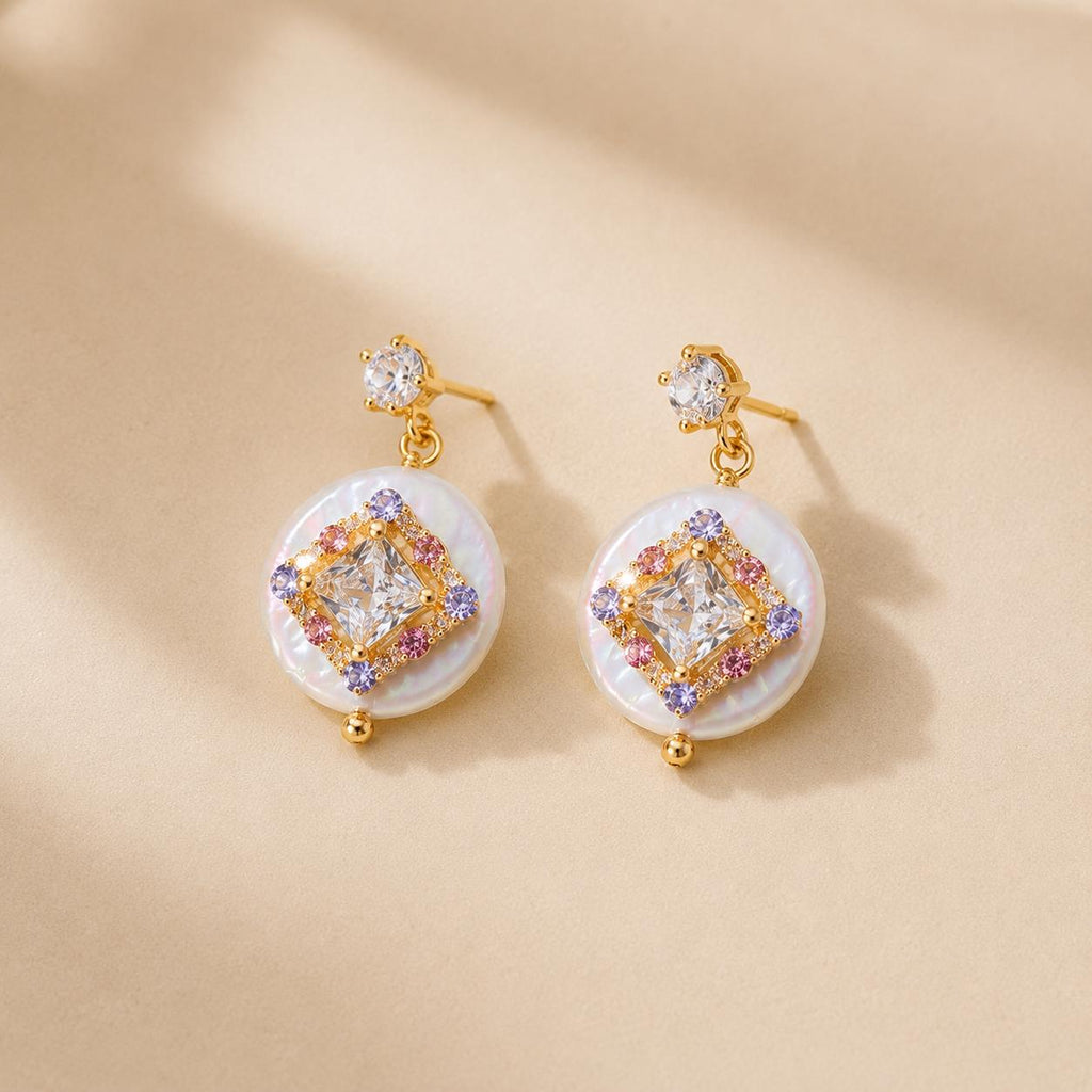 Gold Byzantine Pearl Stud Earrings, Lavender and Pink Crystal Halo Dangles, Art Deco Geometric Statement Jewelry, Gift for Her