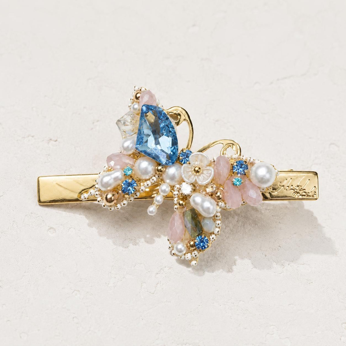 Blue Crystal Butterfly Hair Clip, Pastel Floral Fairycore Barrette, Whimsical Elven Accessory