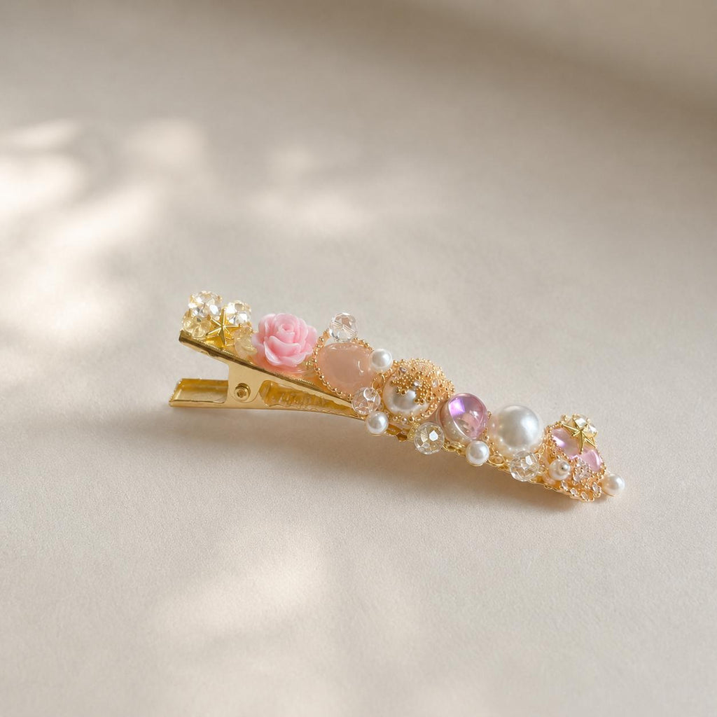 Gold Floral Pearl Hair Clip, Pink Rose Crystal Barrette, Romantic Coquette Hair Accessory, Gift for Her