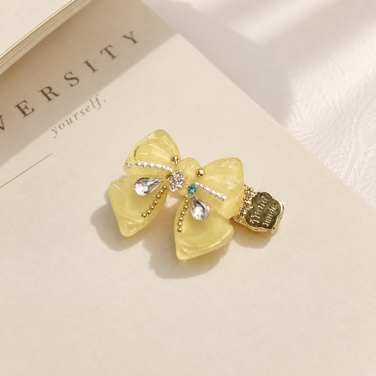 Yellow Bow Hair Clip, Marble Acetate Ribbon Barrette, Crystal Teardrop Alligator Pinch, Whimsical Y2K Coquette Preppy Hair Accessories
