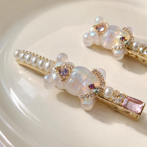 Aurora Teddy Bear Clips, Iridescent Gummy Bear Barrette Set, Pearl Pink Crystal Alligator Pinch, Whimsical Kawaii Coquette Hair Accessories