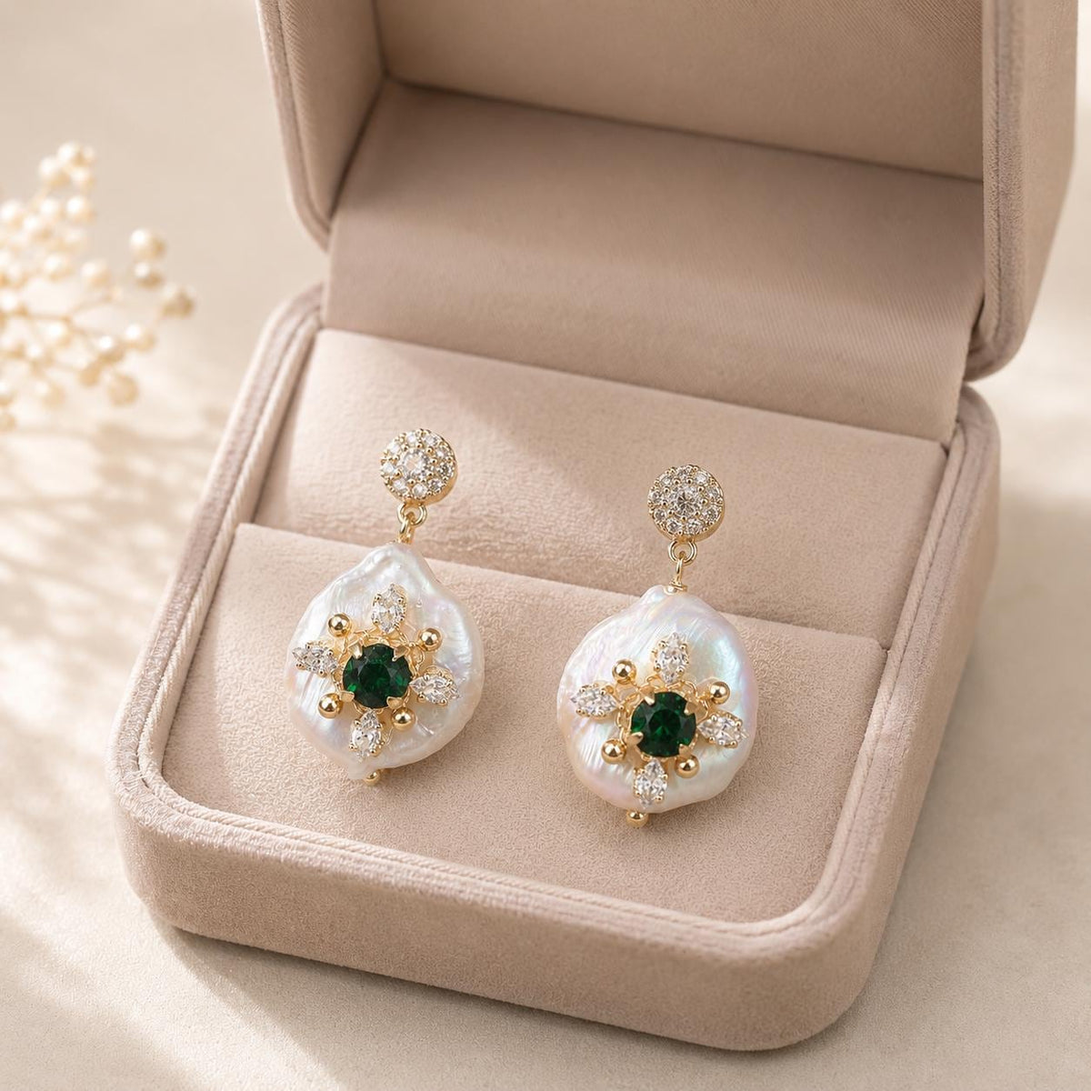 Baroque Pearl Drop Earrings, Emerald Green Crystal Starburst Dangles, Antique Gold Stud Earrings, Vintage Statement Jewelry, Gift for Her