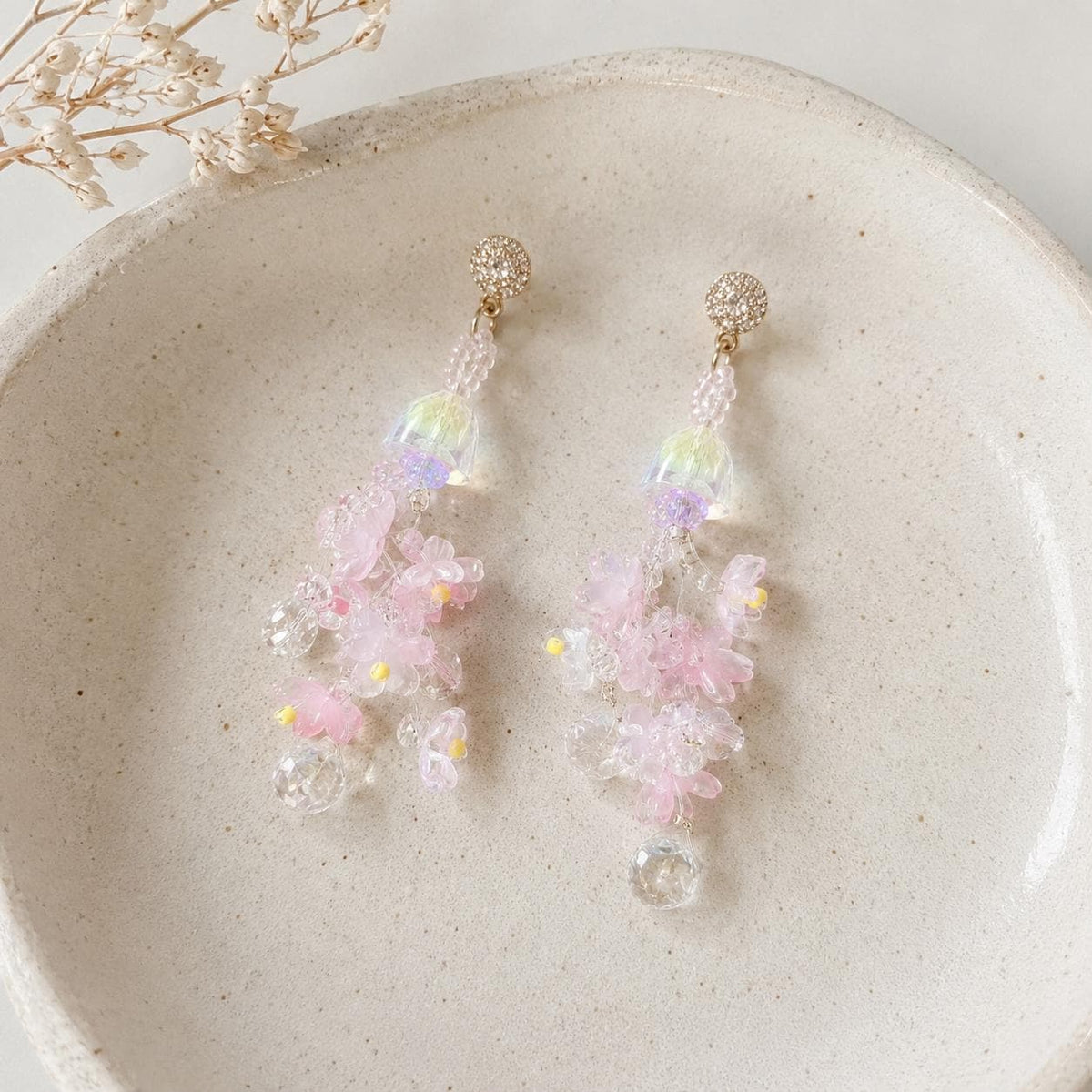 Pink Sakura Flower Dangle Earrings, 3D Acrylic Cherry Blossom Earrings, Fairycore Crystal Statement Earrings, Gift for Her