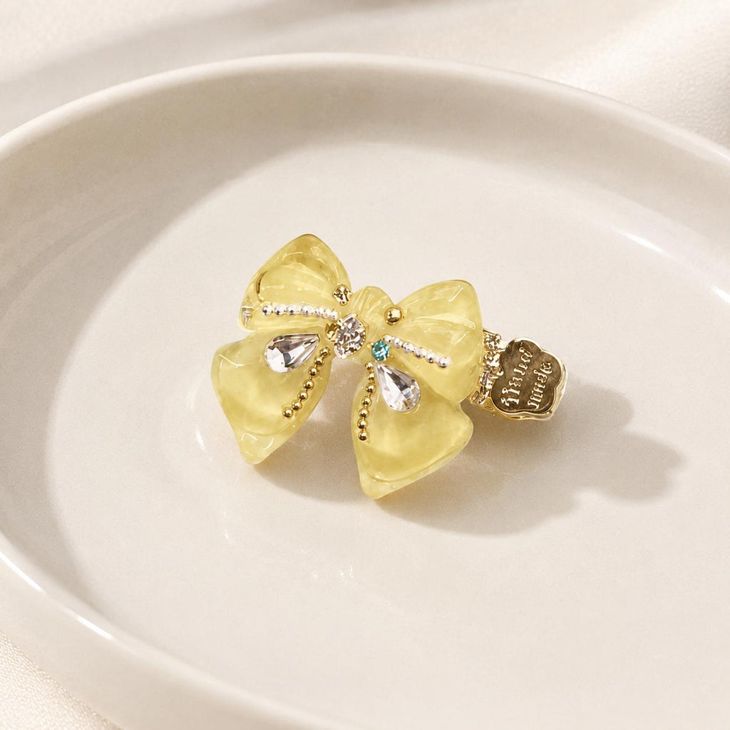 Yellow Bow Hair Clip, Marble Acetate Ribbon Barrette, Crystal Teardrop Alligator Pinch, Whimsical Y2K Coquette Preppy Hair Accessories